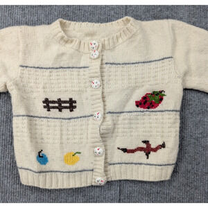 Vintage Hand Made Cardigan Baby 6-12M Embroidered Fruits Cottage Retro Waffle